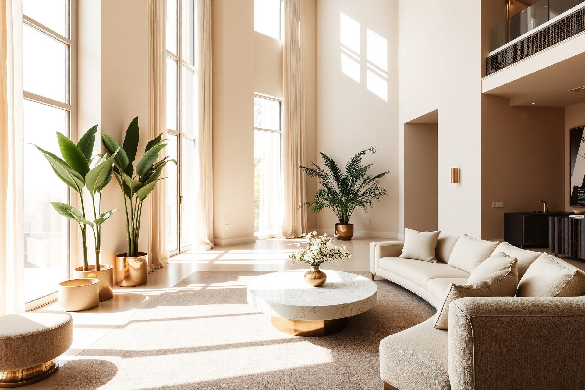 Warm luxury living room interior with natural light